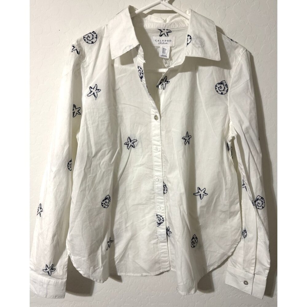 Calypso White with Blue Embroidered Seashells Button Down Blouse Size Small NWT